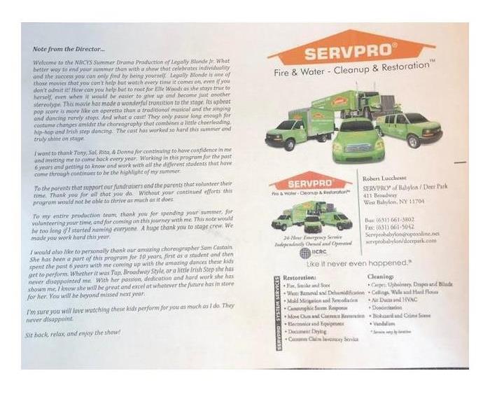playbill from summer production with picture of SERVPRO vehicles inside